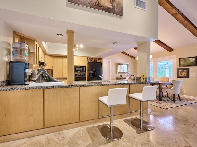 18238 128th Trl N, Jupiter, FL 33478 - kitchen featuring black appliances, a peninsula, open shelves, light brown cabinets, and a raised ceiling