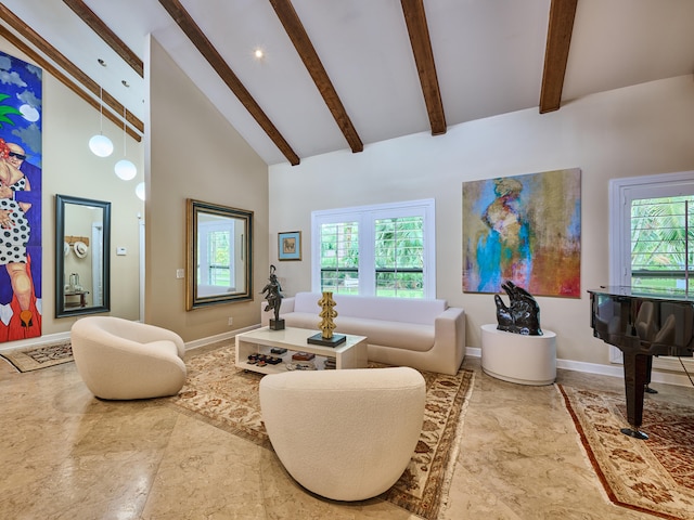 living room featuring beam ceiling and high vaulted ceiling