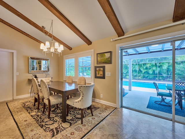 dining space featuring beam ceiling, high vaulted ceiling, and a chandelier