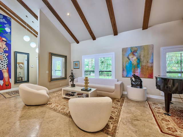 18238 128th Trl N, Jupiter, FL 33478 - living room featuring beam ceiling, high vaulted ceiling, and baseboards