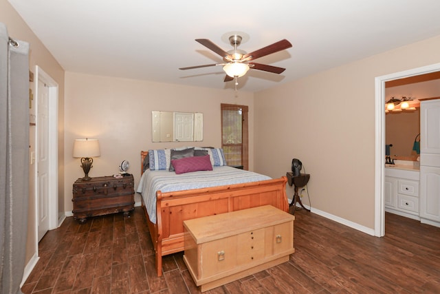 bedroom featuring ensuite bath and ceiling fan