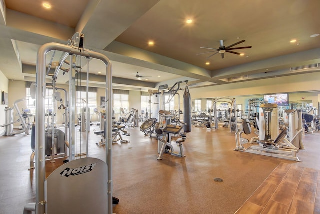 workout area featuring ceiling fan