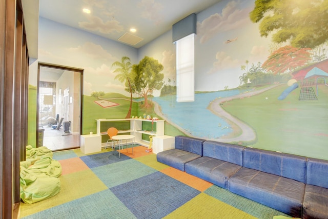 playroom with light carpet