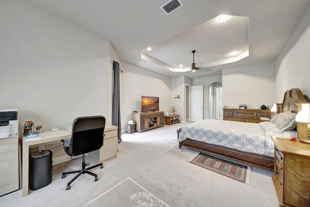 carpeted bedroom with a raised ceiling