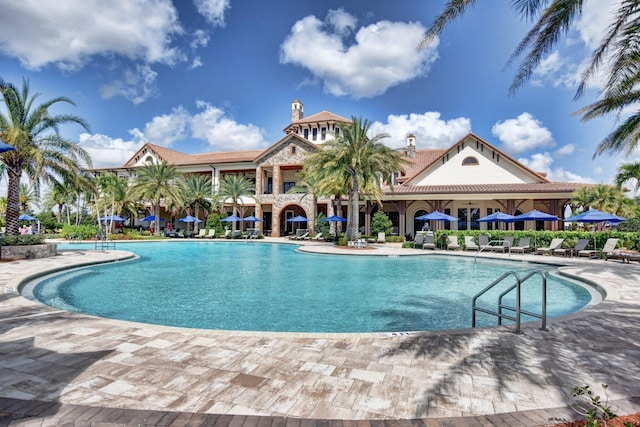 view of swimming pool with a patio