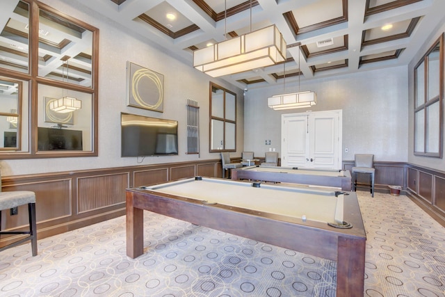 recreation room featuring light colored carpet, a towering ceiling, coffered ceiling, billiards, and beamed ceiling