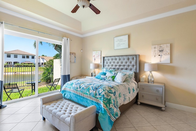 bedroom featuring access to outside, ceiling fan, ornamental molding, and light tile patterned flooring