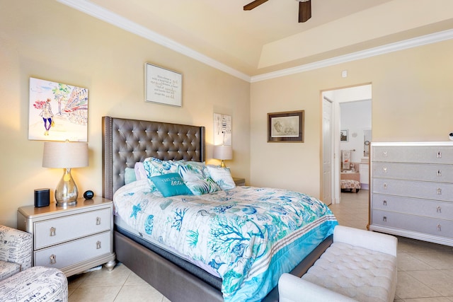 tiled bedroom featuring ceiling fan and crown molding