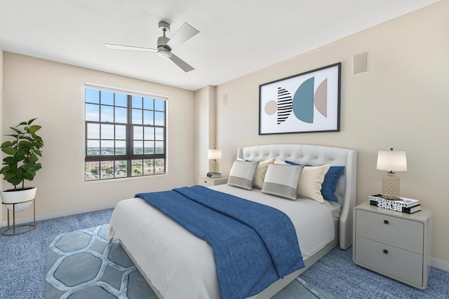 bedroom featuring carpet flooring and ceiling fan