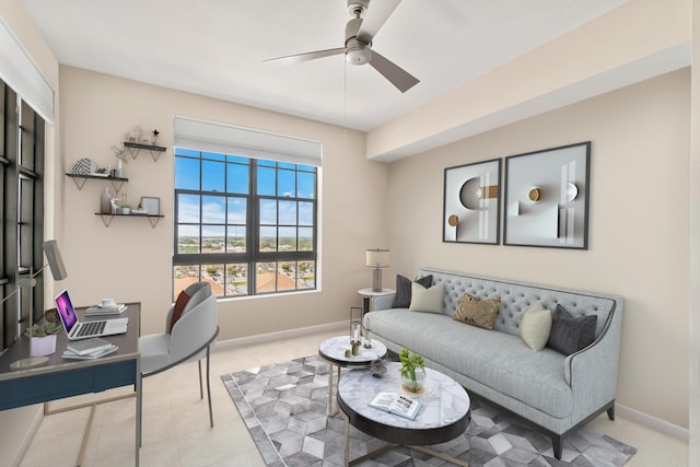 living room with ceiling fan