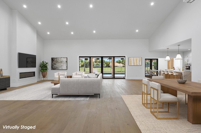 living room with french doors, light hardwood / wood-style floors, and high vaulted ceiling