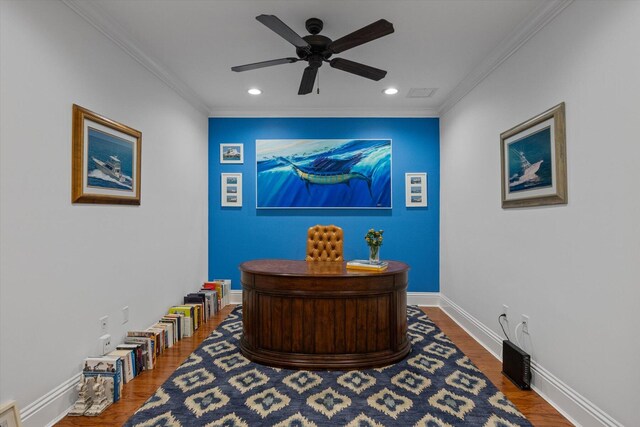 office area featuring ceiling fan, crown molding, and wood-type flooring