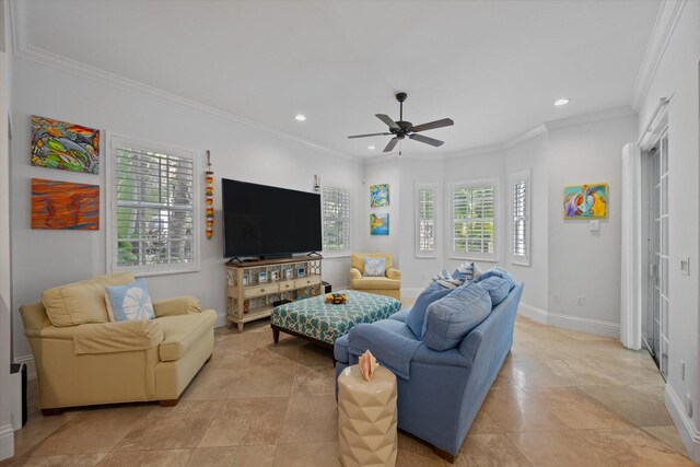 living room featuring a healthy amount of sunlight, ceiling fan, and light tile floors