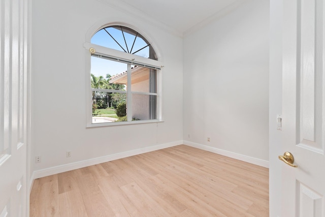 spare room featuring light hardwood / wood-style floors and crown molding