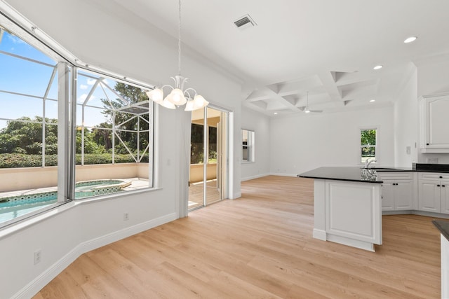 kitchen with light wood-type flooring, plenty of natural light, and white cabinetry