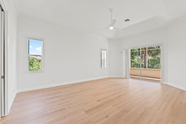 spare room with a healthy amount of sunlight, ceiling fan, and light hardwood / wood-style flooring