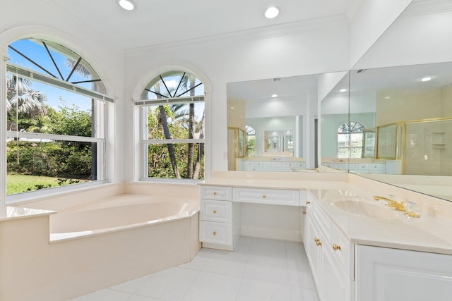 bathroom with tile patterned flooring, vanity, crown molding, and shower with separate bathtub