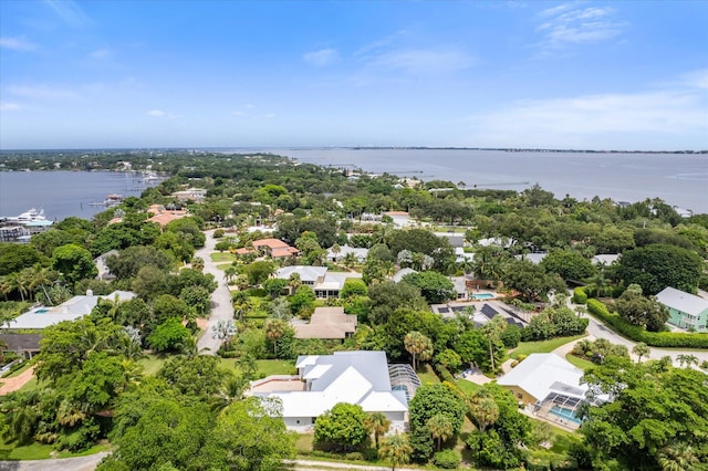 drone / aerial view featuring a water view