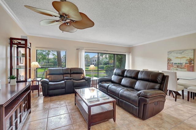 living area featuring a ceiling fan, crown molding, and a textured ceiling