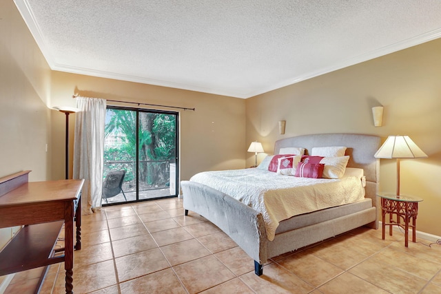 bedroom with access to exterior, crown molding, and a textured ceiling