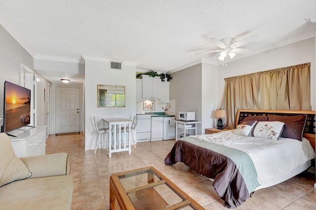 tiled bedroom with a textured ceiling, crown molding, and ceiling fan