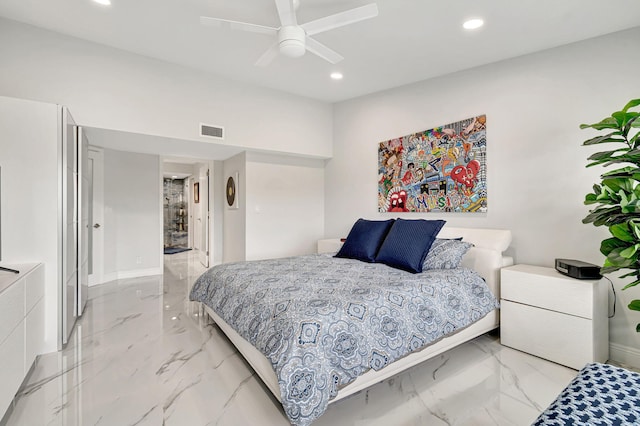 bedroom featuring ceiling fan and light tile flooring