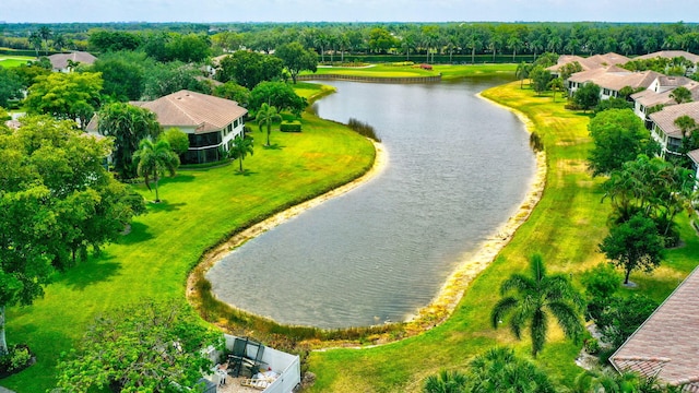 drone / aerial view featuring a water view