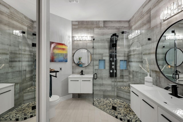 bathroom with vanity, toilet, and walk in shower