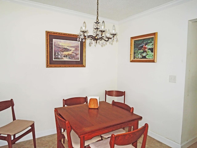 tiled dining area with ornamental molding and an inviting chandelier