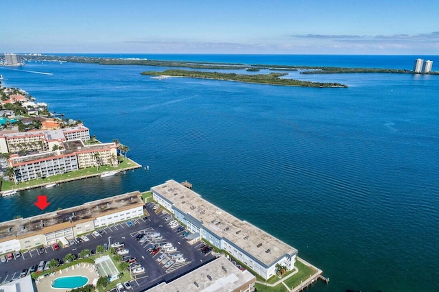 birds eye view of property featuring a water view