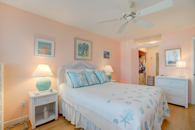 bedroom featuring ceiling fan, a walk in closet, light wood-type flooring, and a closet