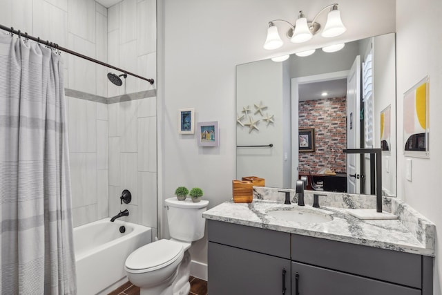 full bathroom featuring vanity, toilet, and shower / bathtub combination with curtain