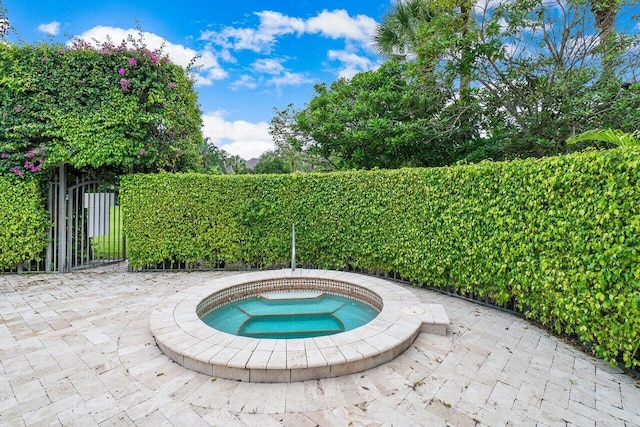 view of swimming pool featuring an in ground hot tub