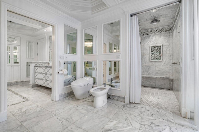 bathroom featuring vanity, a bidet, crown molding, toilet, and walk in shower