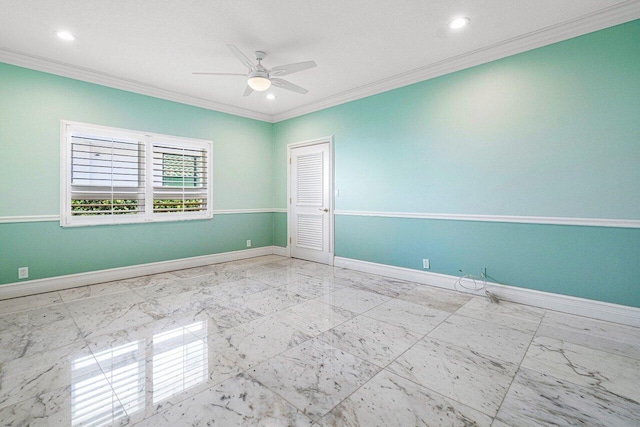 empty room with crown molding and ceiling fan