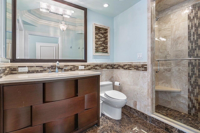 bathroom with walk in shower, ornamental molding, vanity, tile walls, and toilet