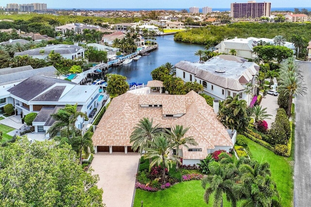 drone / aerial view featuring a water view