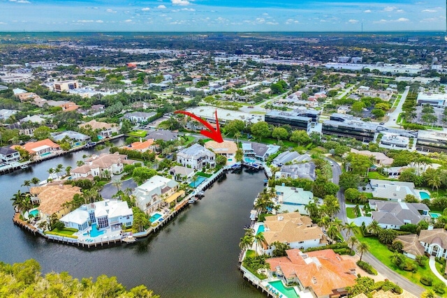 drone / aerial view featuring a water view