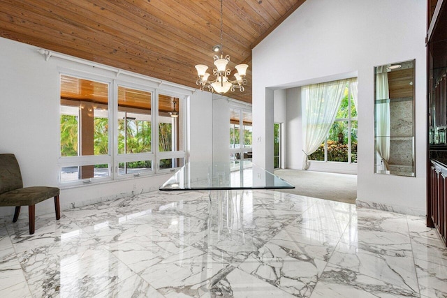 interior space featuring high vaulted ceiling, wooden ceiling, and a notable chandelier