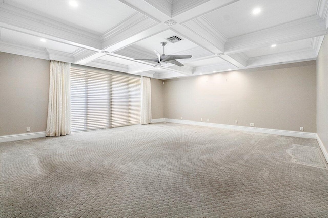 unfurnished room with carpet, ceiling fan, and coffered ceiling