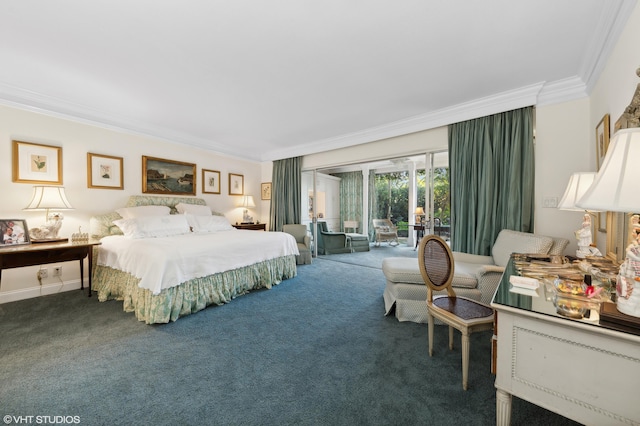 bedroom with crown molding, dark carpet, and access to outside