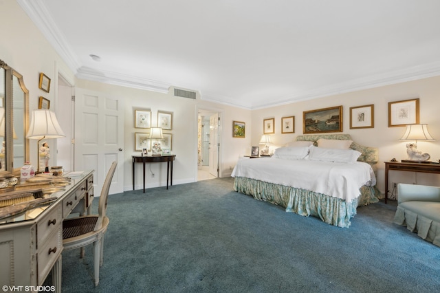 bedroom featuring dark colored carpet and crown molding