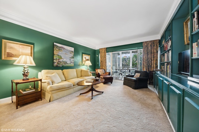 living room featuring light carpet and ornamental molding