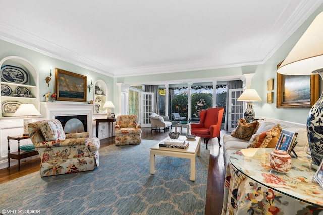 living room with crown molding and wood-type flooring