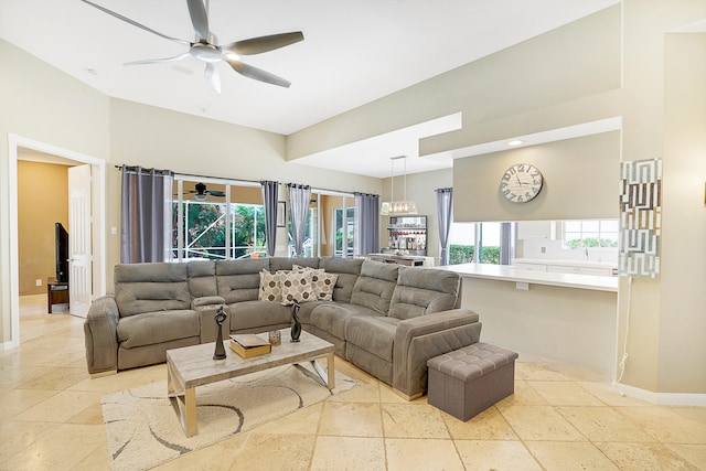 living room featuring ceiling fan