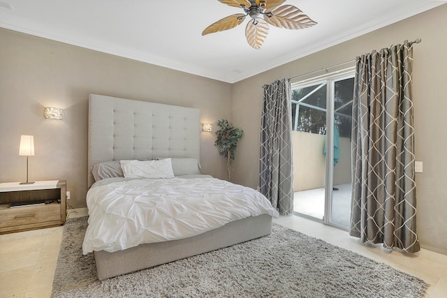 bedroom with ceiling fan, access to outside, crown molding, and light tile patterned flooring