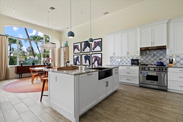 kitchen featuring backsplash, hanging light fixtures, high end stainless steel range oven, white cabinetry, and sink