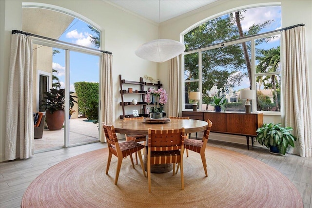 dining space with crown molding and hardwood / wood-style floors