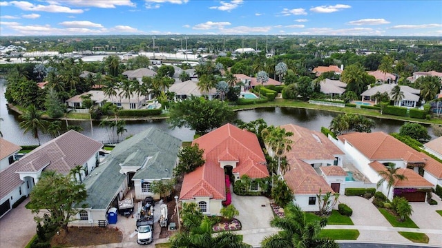 drone / aerial view featuring a water view