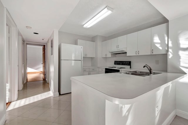 kitchen with kitchen peninsula, white cabinets, white appliances, and light tile floors